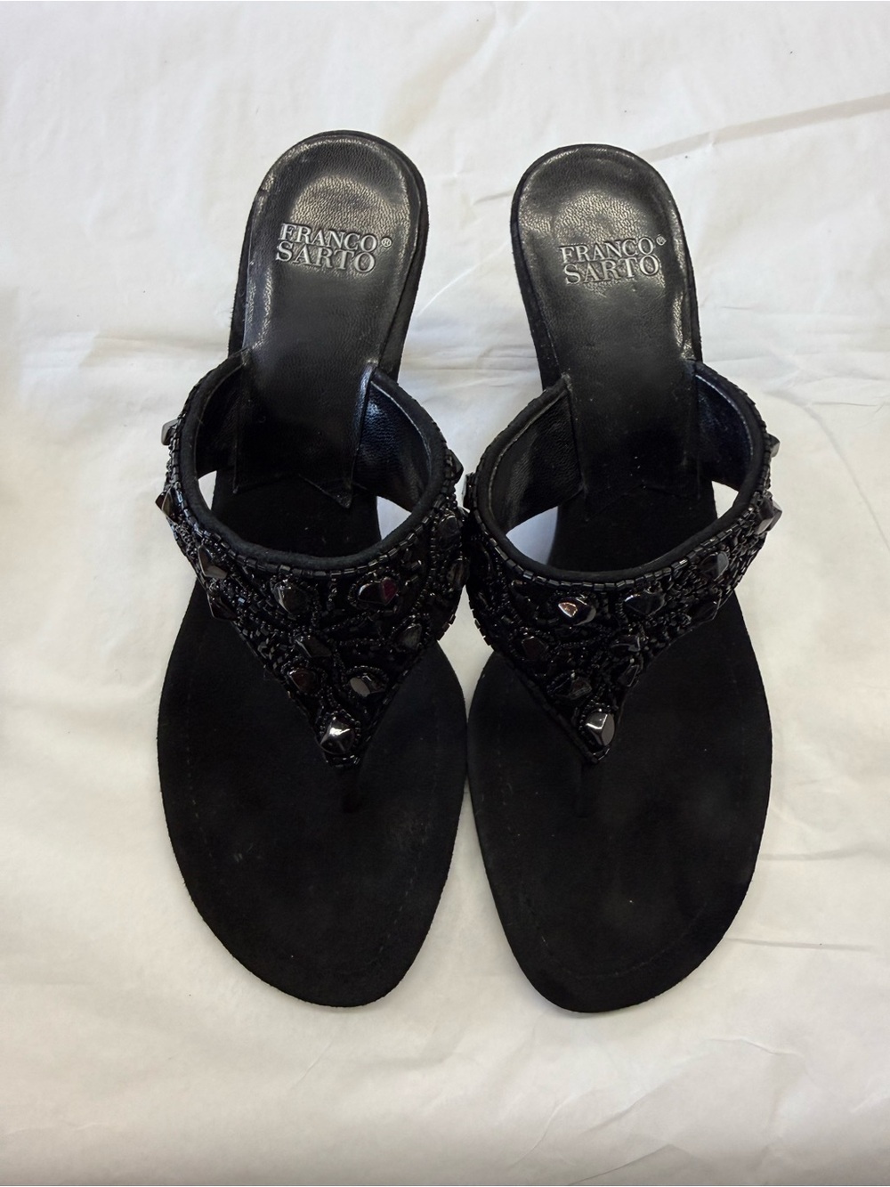 Franco Sarto Ceramic Black Beaded Leather Thong Sandals Heels Size 6.5